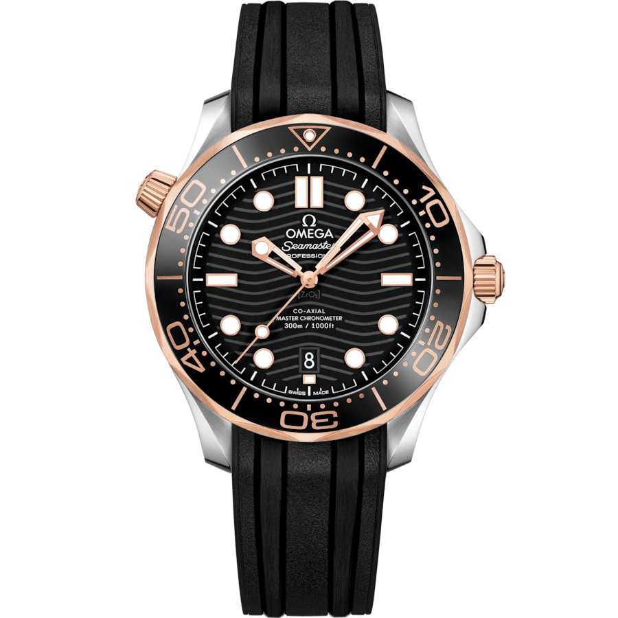 OMEGA SEAMASTER DIVER 300M STEEL 42mm SEDNA™ GOLD ON RUBBER STRAP WATCH 210.22.42.20.01.002