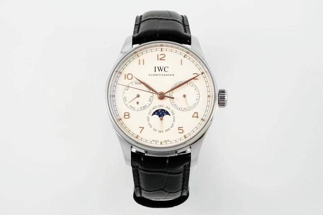 The IW344207 perpetual calendar from the Portugal series features a small three pin dial with a single crown adjustment