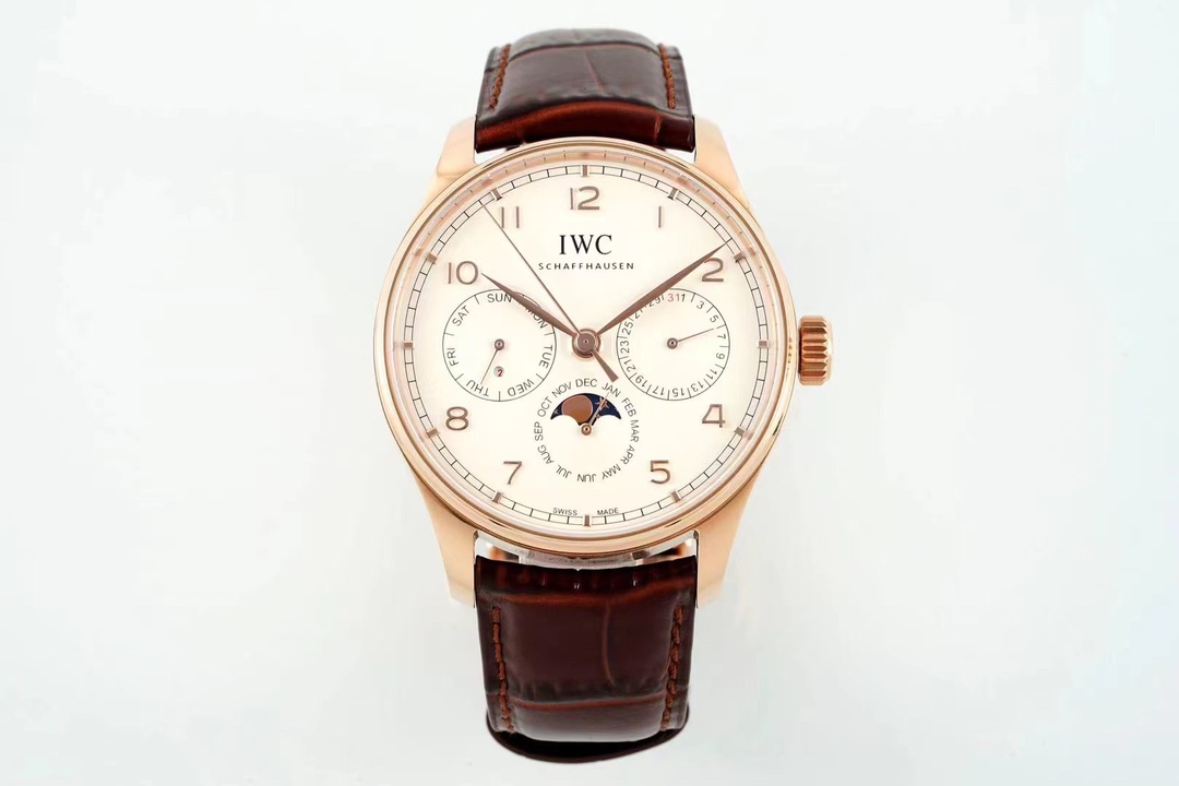 The IW344207 perpetual calendar from the Portugal series features a small three pin dial with a single crown adjustment